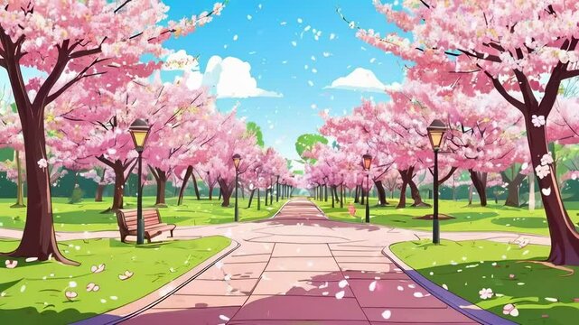 Cartoon Cherry Blossom Park with Blooming Flowers