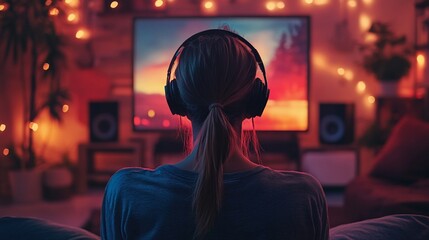 Woman wearing headphones watching TV at night.