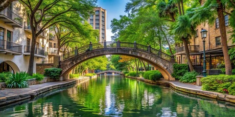 Bridge at San Antonio River Walk surrounded by lush greenery , San Antonio, river, walk, bridge, architecture