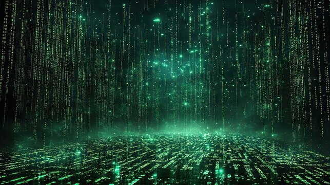 Green binary code raining down against a black background, symbolizing a digital world