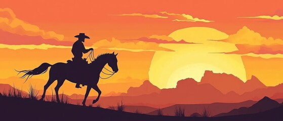 silhouette of cowboy on horse with lasso in hand against sunset sky