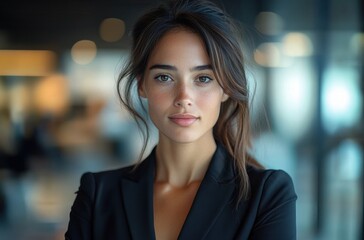 Obraz premium Confident Businesswoman in Blazer Standing with Arms Crossed in Modern Office Environment