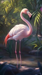 Fototapeta premium A realistic image of a flamingo standing elegantly in shallow water, showcasing its soft pink feathers and slender legs against a serene natural backdrop. 