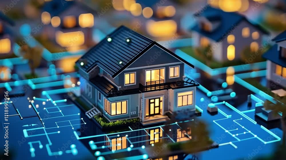 Poster a detailed view of a modern house illuminated with warm lights, surrounded by a digital grid represe