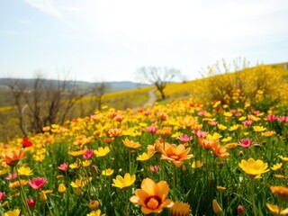 Obraz premium Vibrant daffodil flowers blooming in a vast field under the warm sun, outdoors, natural