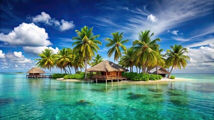 Obraz premium Tropical island paradise with palm trees and overwater bungalows, tropical, island, paradise, palm trees