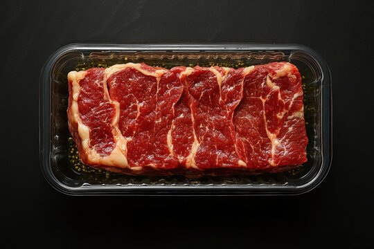 Raw beef steak in black plastic packaging fresh marble ribeye meat in vacuum container top view dramatic lighting