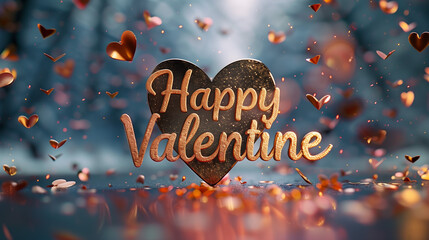 Elegant 3D rendering "Happy Valentine" text crafted from rose gold metal