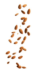 A high-quality, detailed image of Falling Almond Nuts falling gracefully on a white background, with a full depth of field and a transparent PNG background.