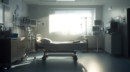 Hospital bed in ward, where life's fragility meets compassionate care, symbolizing hope and healing in a nurturing environment.