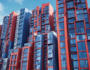 Fototapeta premium Modern abstract cityscape during the day with blue and red buildings against a clear blue sky, metropolitan, city life