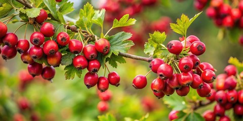 Obraz premium Fruits of Crataegus laevigata on a bush in Slovakia , berries, red, hawthorn, bush, nature, Strbske pleso, Slovakia, foliage