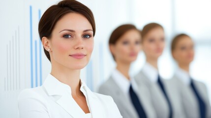 Fototapeta premium A confident woman in a professional setting, standing in front of a group of colleagues, symbolizing leadership and teamwork.