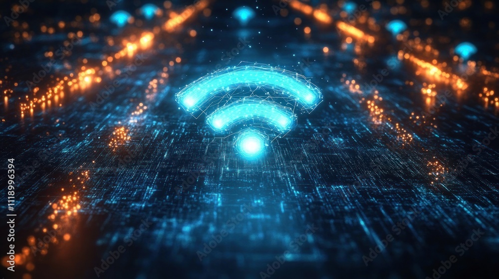 Poster futuristic digital landscape with glowing wi-fi symbol and network connectivity in cyberpunk style