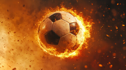 Fototapeta premium soccer ball engulfed in flames, soaring through air with intense energy and motion. fiery backdrop adds dramatic effect, emphasizing excitement of game