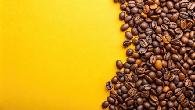 Roasted coffee beans on a vibrant yellow background, coffee, beans, roasted, yellow, background, food, drink, fresh, aroma