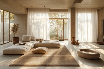 Minimalist Scandinavian modern living room design with cozy furniture and warm tones