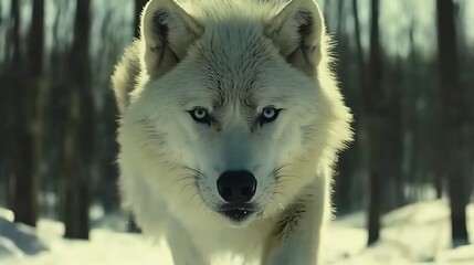 Obraz premium A Close-Up Portrait of a White Wolf in a Snowy Forest