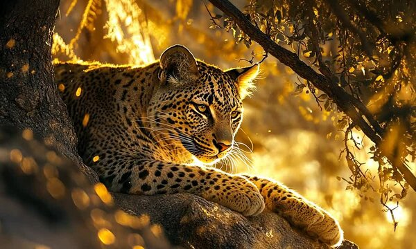 A leopard resting on a rock, illuminated by golden sunlight filtering through trees.
