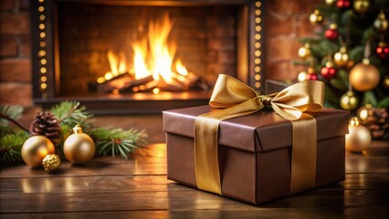 Luxurious brown gift box with gold ribbon near fireplace and holiday decor, gift, box, brown, gold, ribbon, luxurious