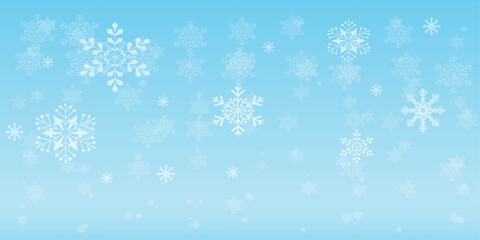 Snowflakes on blue background. Christmas snowy winter design. White falling snowflakes, abstract landscape. Cold weather effect. Magic nature fantasy snowfall texture decoration. Vector illustration
