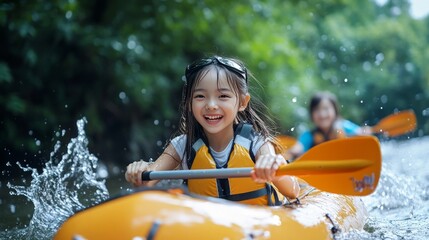 Joyful Child Kayaking on a River with Lush Green Background