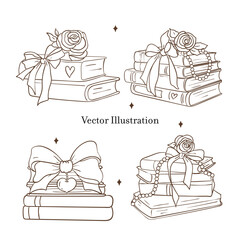 Vintage Girly Bookish, Book Lover Outline. Vector illustration