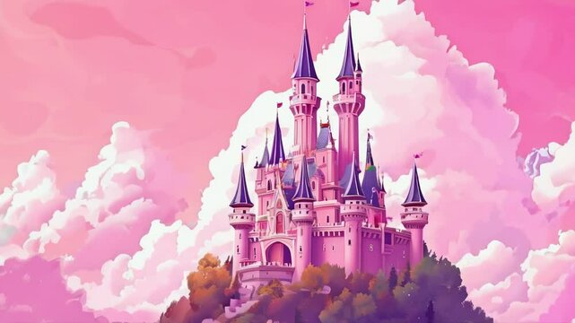 Cartoon Fairy Tale Castle with Pink Cloudy Sky