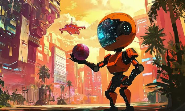 Futuristic Robot Holding an Egg in a Vibrant Urban Landscape with Neon Lights and Alien Architecture at Sunset, Evoking Technology and Imagination illustration cartoon with ai generated.