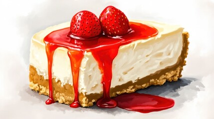 A slice of cheesecake topped with strawberries and strawberry sauce, inviting and delicious.