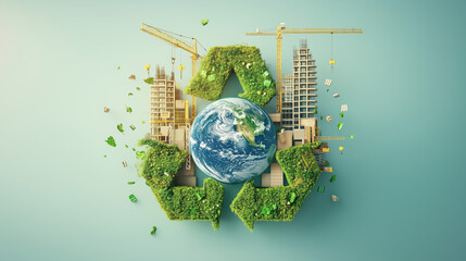 Circular Economy Concept Featuring Earth at the Center with Recycling Arrow, Construction Bricks, and Crane Under Construction