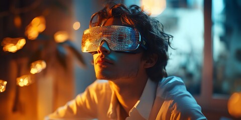 Young man wearing VR glasses, experiencing immersive technology at home.