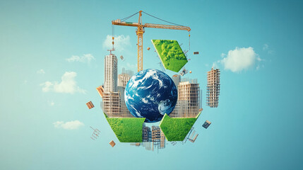 Bright and Sustainable Circular Economy Visual with Earth, Green Recycling Arrow, Construction Bricks, and Crane