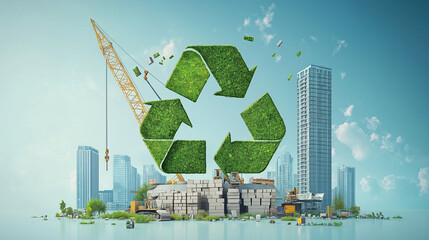 Eco-Friendly Construction Industry Depicted with Earth, Green Recycling Arrow, Bricks, and Crane Showing Connection to Circular Economy