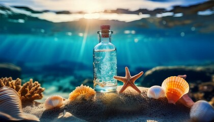Glass bottle with seawater on sandy seabed with shells and starfish. Summer vibes!