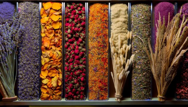 Dried flowers and herbs in a vibrant display. A colorful and aromatic collection.