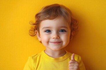 happy toddler giving thumbs up in yellow shirt on bright yellow background
