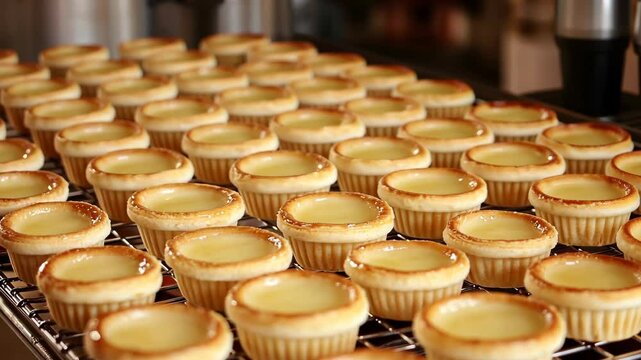 Freshly baked egg tarts cooling on a rack in a pastry shop kitchen in the afternoon light