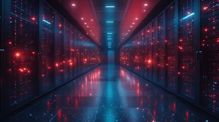 Modern high-tech data center room with hardware racks and network equipment