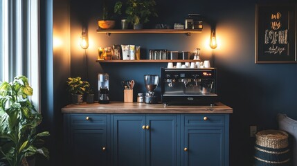 Modern coffee bar with espresso machine, shelves, and plants.