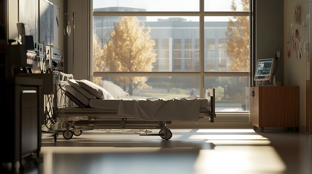 Hospital bed in ward, where life's fragility meets compassionate care, symbolizing hope and healing in a nurturing environment.