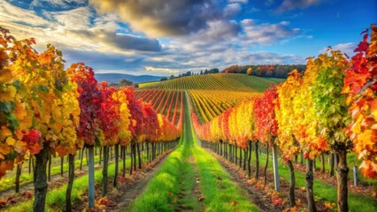Naklejka premium Vibrant autumn vineyard with rows of colorful grapevines, autumn, vineyard, vine, grapes, harvest, landscape, winery