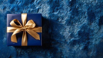 Dark Blue Gift Box with Gold Ribbon on Fluffy carpet Background. Top View of Graduation Gifts with Copy Space