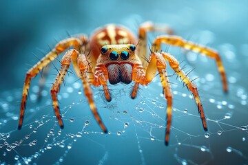 close-up of a spider on an intricate web with glistening dew in soft natural light