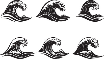 Water waves silhouette bundle vector art illustration design using black color
