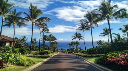 Scenic road lined with palm trees leading to ocean view.