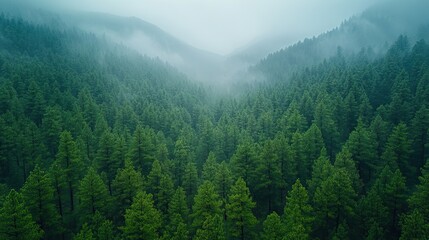 Obraz premium Overhead view of dense, tall trees with rain falling, displaying an expansive green pine forest