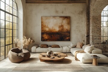 Modern living room interior with abstract painting warm light minimalist design orange sofa