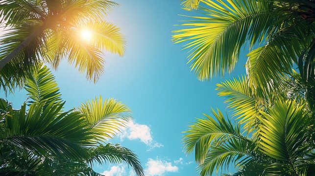Palm trees against a bright blue sky, creating a tropical banner for summer designs