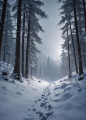 Fototapeta premium Snowy forest landscape on a cold winter's night, frosty landscape, peaceful scene